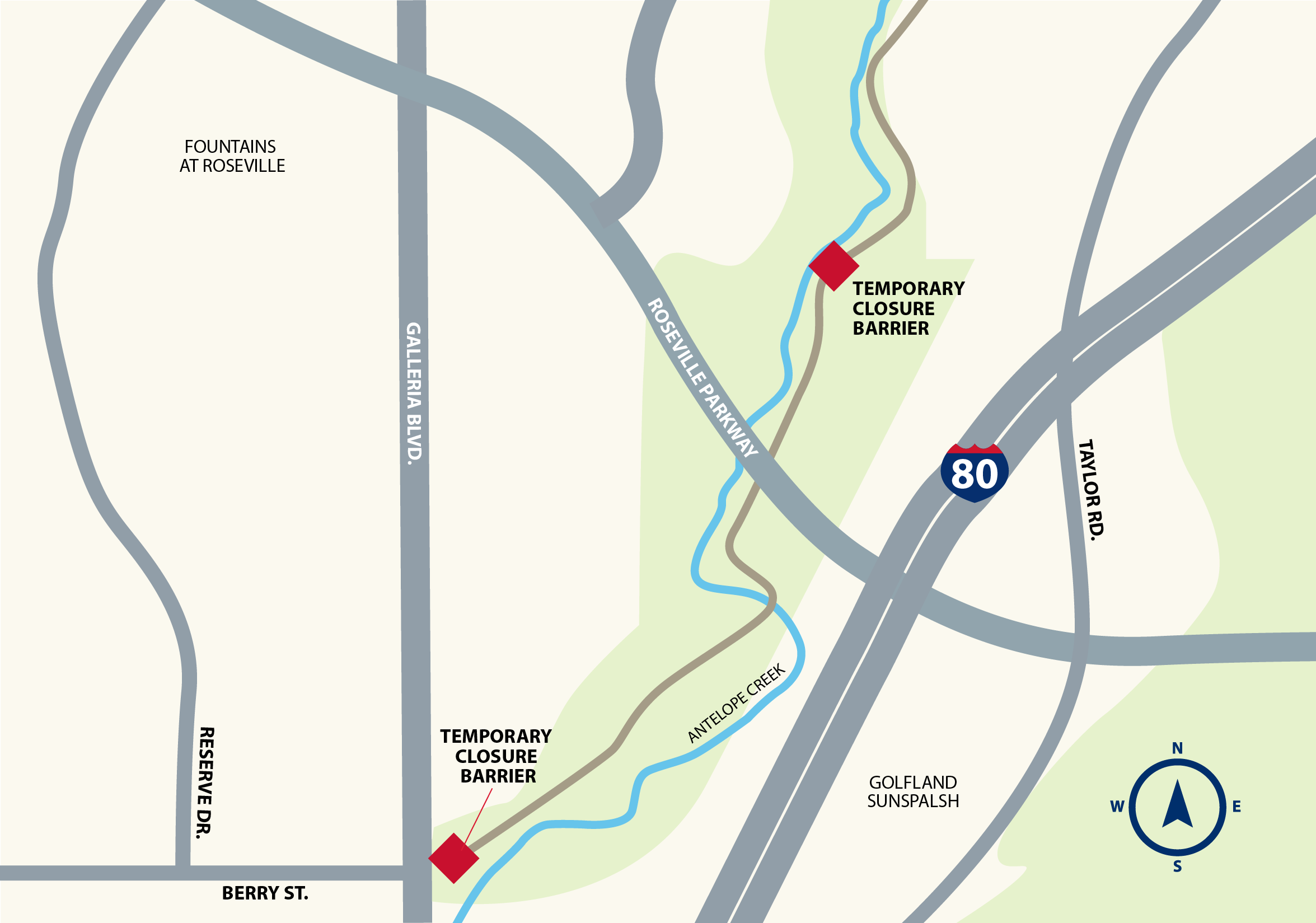 Map of a section of a trail that will be closed between Galleria Boulevard and past Roseville Parkway